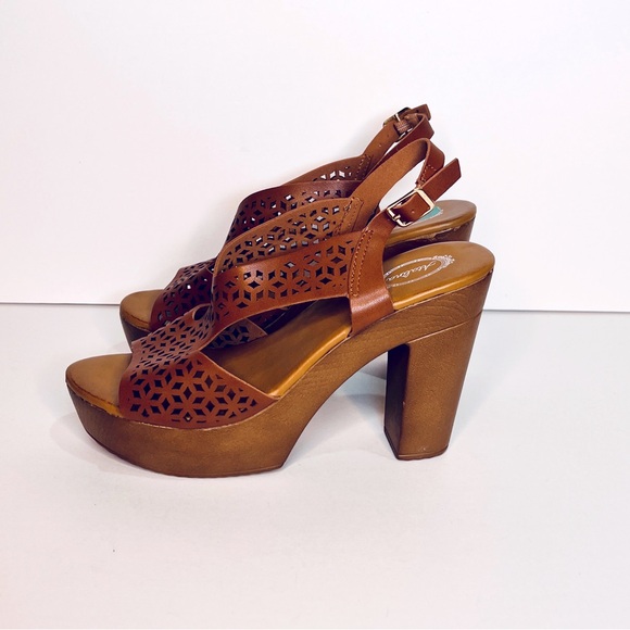 Atalina Women's Platform Faux Wooden Cognac Brown Open Toe Sandal Size 7.5 - Picture 3 of 7